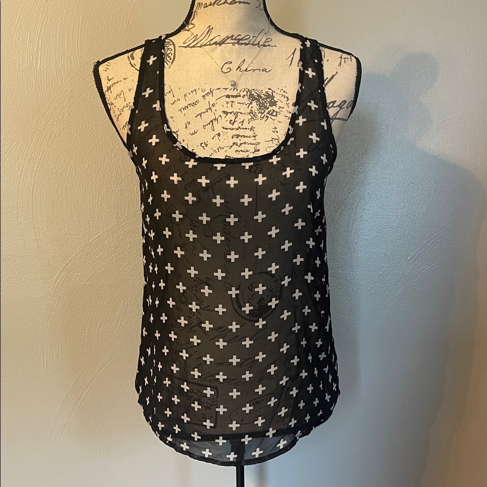 Ambiance Apparel Black Sheer Tank Top White Cross Print Size Small